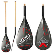 A composite image of the ZJ SPORT 425Pro Hybrid Carbon Outrigger Canoe Paddle features a sleek black and gold design with red geometric patterns. It showcases its ergonomic anti-skid grip and broad blade, highlighted from two angles for water sports enthusiasts.