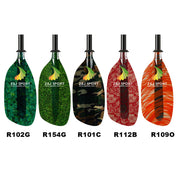 Five fiberglass kayak paddles featuring Z&J Sports logo and designs in green moss (R102G), vibrant green (R154G), camouflage (R101C), red floral (R112B), and orange tiger stripe (R109O) are lined up, each with unique, eye-catching patterns.