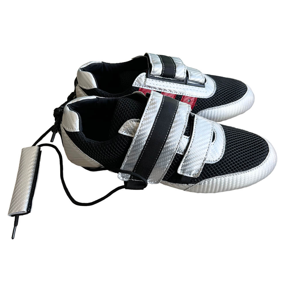 The ZJ SPORT High Quality Rowing Shoes For Rowing Boat feature a black mesh design with white accents, Velcro straps, and a textured pattern. They come with an attached cable and small rectangular device but are not waterproof.