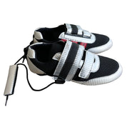 The ZJ SPORT High Quality Rowing Shoes For Rowing Boat feature a black mesh design with white accents, Velcro straps, and a textured pattern. They come with an attached cable and small rectangular device but are not waterproof.
