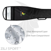 ZJ SPORTs Black ZJ New Single Paddle Bag has a handle and clear front pocket, plus a close-up insert shows the silver waterproof layer with droplets. Text: Silver Waterproof Layer, EVA Foam Compartment. The logo is an abstract shape, ideal for kayak paddle protection. Free shipping included.