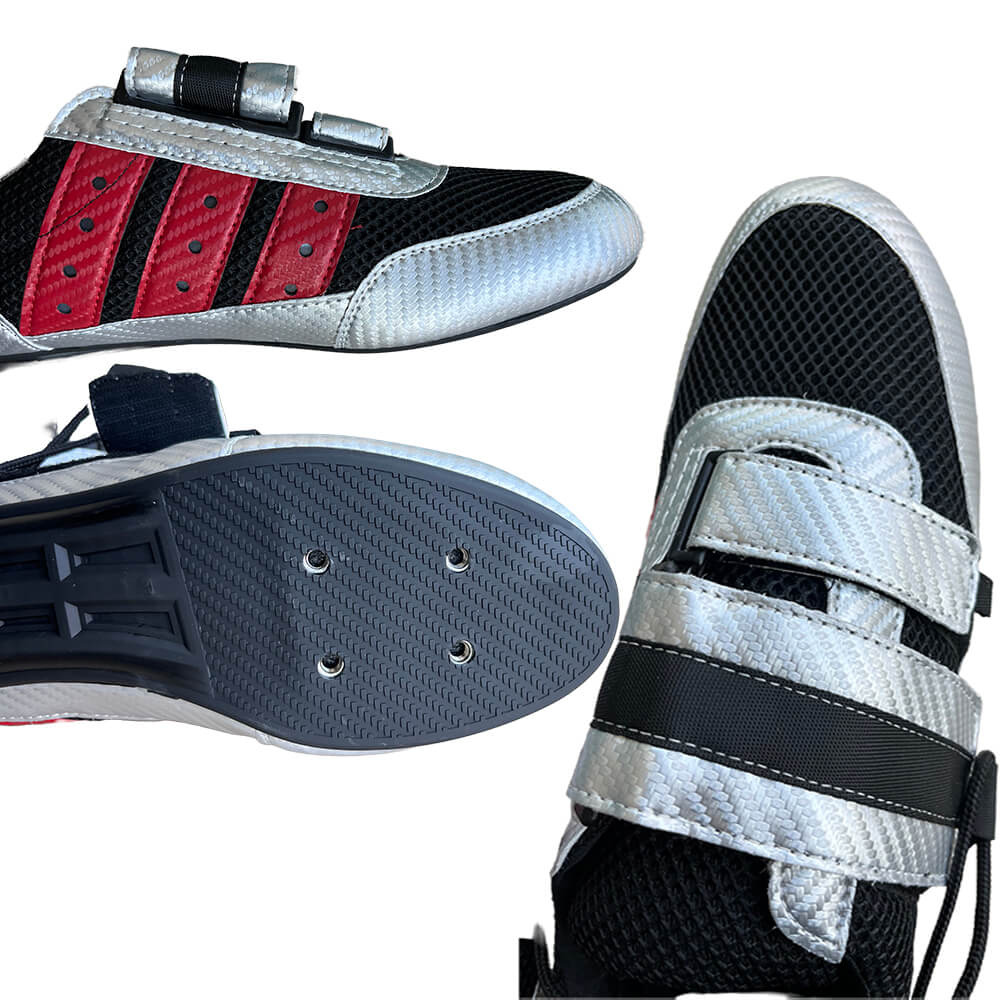 The ZJ SPORT High Quality Rowing Shoe features black mesh with three red stripes, silver Velcro straps, and a textured sole with grip sections and small holes. Note: This shoe is not waterproof.