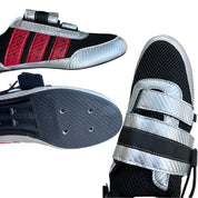 The ZJ SPORT High Quality Rowing Shoe features black mesh with three red stripes, silver Velcro straps, and a textured sole with grip sections and small holes. Note: This shoe is not waterproof.
