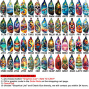 ZJ SPORTs vibrant showcase features surfboard-shaped objects with graphic designs, including abstract, skulls, flames, and nature themes. The ZJ Classic Full Carbon Whitewater Paddle with Cranked Shaft ensures durability. A text overlay guides ordering and selection from a numbered list of graphics.