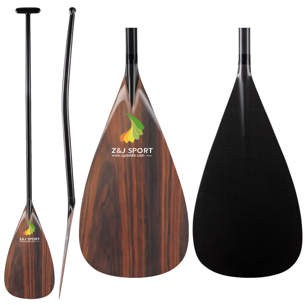The ZJ Full Carbon Outrigger Canoe VAA Paddle by ZJ SPORT offers three views: a full side view, a front view with a wood-grain blade featuring the ZJ SPORT logo, and a back view with a textured black blade. Its sleek black shaft has an ergonomic T-handle for enhanced comfort and control.