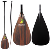 The ZJ Full Carbon Outrigger Canoe VAA Paddle by ZJ SPORT offers three views: a full side view, a front view with a wood-grain blade featuring the ZJ SPORT logo, and a back view with a textured black blade. Its sleek black shaft has an ergonomic T-handle for enhanced comfort and control.