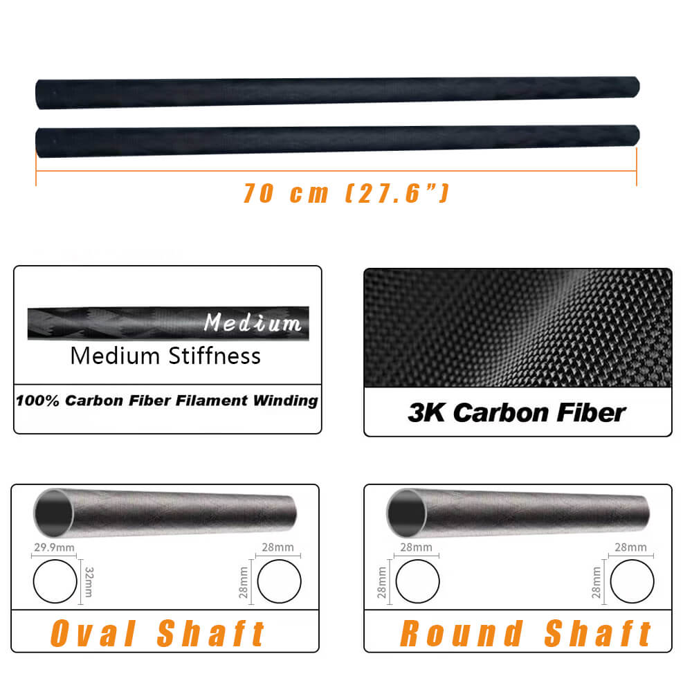 Round Shaft Replacement for Kayak Paddle, without blades, includes two 70 cm black shafts labeled Medium Stiffness with a 100% carbon fiber filament dry wound texture. The unique shape features an oval grip (29.9mm x 28mm) and a round option with a 28mm diameter.