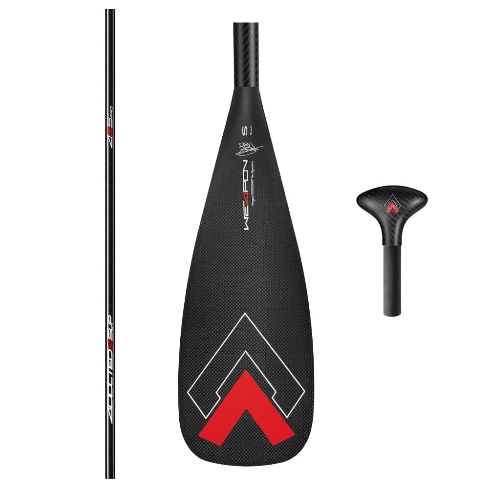 The ZJ SPORT 425Pro Carbon Sup Paddle features a lightweight high modulus carbon blade with a stylish red and white design, and a black textured grip handle. Its components—blade, handle, and tapered shaft—are elegantly displayed separately for long-distance racing. Available in 1-piece to 3-piece options unassembled.