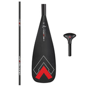 The ZJ SPORT 425Pro Carbon Sup Paddle features a lightweight high modulus carbon blade with a stylish red and white design, and a black textured grip handle. Its components—blade, handle, and tapered shaft—are elegantly displayed separately for long-distance racing. Available in 1-piece to 3-piece options unassembled.