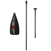 A ZJ SPORT 425Pro Carbon SUP Paddle is displayed disassembled in three parts on a white background, showcasing the lightweight carbon blade on the left, the main shaft in the center, and the handle on the right. Ideal for long-distance racing, it features 425 Pro boldly on its blade.