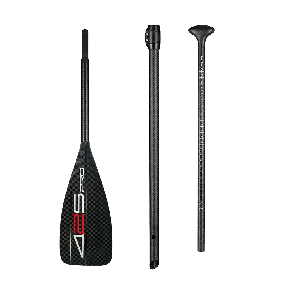 The ZJ SPORT 425Pro Carbon SUP Paddle has a lightweight carbon blade and high modulus tapered shaft, ideal for stand-up paddleboarding and long-distance racing. Shown in three pieces: blade, adjustable shaft, and handle.
