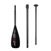 The ZJ SPORT 425Pro Carbon SUP Paddle features a 3-piece set with a lightweight carbon blade marked 425Pro, an adjustable shaft, and a curved grip handle. Made from high modulus carbon fiber, it has a textured appearance ideal for long-distance racing.