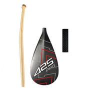 The ZJ SPORT 425Pro Hybrid Carbon Outrigger Canoe Paddle features a light brown wooden shaft, a sleek black and red carbon blade with 425 Pro, geometric patterns for enhanced performance, and an ergonomic black anti-skid grip.