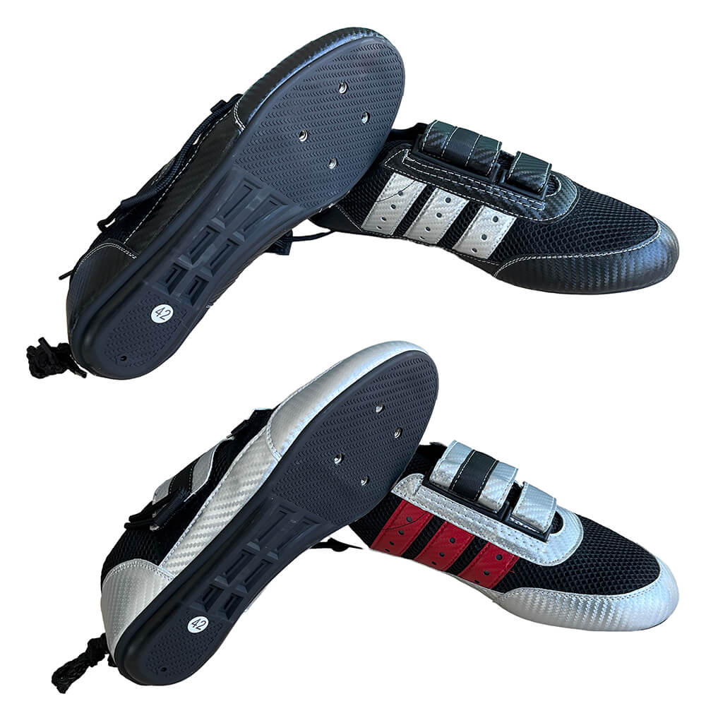 Two pairs of rock climbing shoes: one with a black and white upper and Velcro straps, the other with a black and red upper. Both feature black soles, are flexible and durable for climbing, yet not waterproof. Brand: ZJ SPORT; Product: ZJ High Quality Rowing Shoes For Rowing Boat.