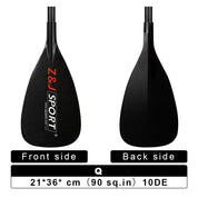 Two views of the ZJ 3-Piece Carbon Adjustable SUP Paddle. The left displays ZJ SPORT branding on the front, while the right shows the back. Made from carbon fiber with a reinforced blade edge, it measures 21x36 cm (90 sq.in) and has a 10DE. Ideal for water sports enthusiasts.