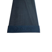 Close-up of a dark-textured yoga mats end with ZJ SPORT and a leaf logo in gray on a silicone band, placed on a white background.