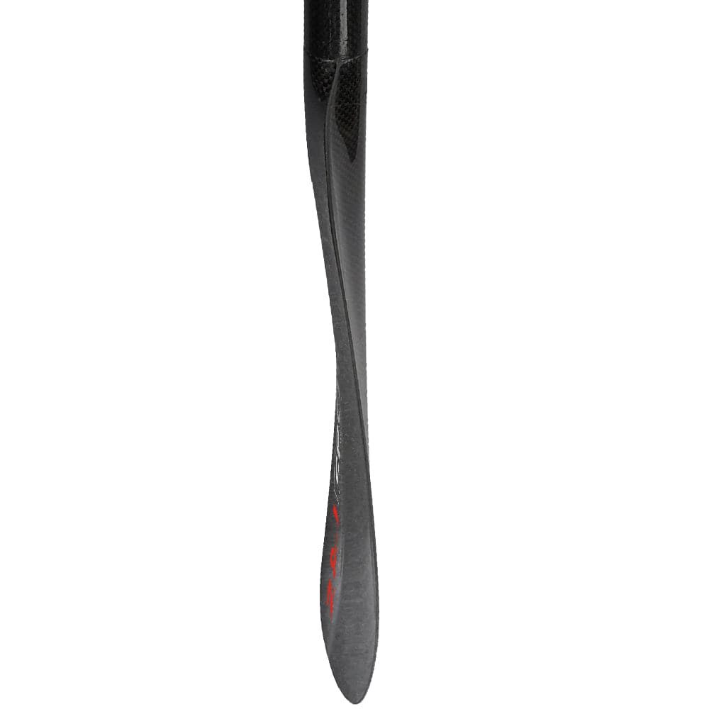 The ZJ SPORT ZJ 2/4 piece Carbon Fiber Sea Kayak Paddle (SKD-I) features a sleek, curved black design with subtle red accents. Its smooth texture suggests high-performance carbon fiber material, ideal for long-distance paddling, and an asymmetrical blade shape enhances efficiency.