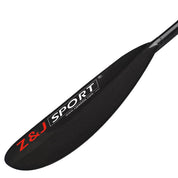 Close-up of a ZJ SPORT black carbon fiber kayak paddle blade from the ZJ 2 piece/4 piece High-Angle Dynamic Blade (SKD-I), featuring sleek, elongated, asymmetrical design with textured surface, ideal for long-distance paddling. The Z&J SPORT text appears in red and white on plain white background.