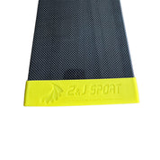 Close-up of a carbon fiber texture with yellow edges, showcasing a stylized logo with ZJ SPORT and www.zijie-sport.com embossed. The design resembles the sporty look of the ZJ SPORT Paddle Blade Tip Protector for Dragon Boat Paddles.