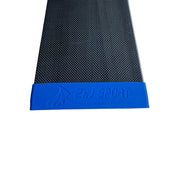 Close-up of a carbon-patterned surface showcasing the ZJ Paddle Blade Tip Protector for Dragon Boat Paddle, with a silicone end cap at the bottom. The subtle blue design and ZJ SPORT logo enhance the blue end cap, featuring their website.