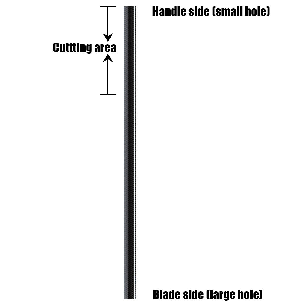 The ZJ SPORT ZJ Full Carbon Fiber Flatwater Canoe Paddle (Unassembled) diagram features labeled cutting area with arrows indicating handle side (small hole) and blade side (large hole).