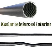 A cross-section of the ZJ Classic Full Carbon Whitewater Paddle with Cranked Shaft by ZJ SPORT reveals its Kevlar-reinforced interior and epoxy coating. Two views below show straight and bent positions, highlighting its flexibility and durability. Bold text reads Kevlar reinforced interior.
