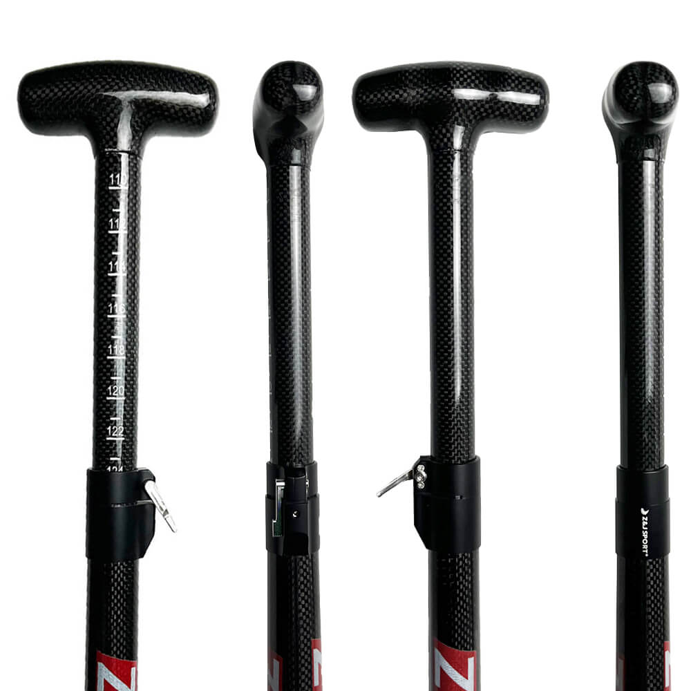 Four ZJ SPORT ZJ Adjustable Carbon Dragon Boat Paddles, IDBF approved, are displayed vertically. These lightweight paddles come with adjustable locks and measurement markings for customizable length, providing precision and performance in every stroke.