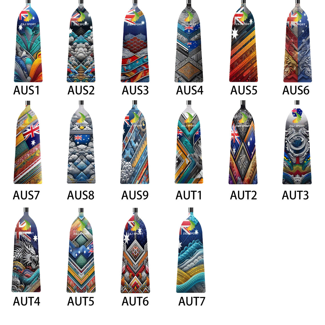 ZJ Adjustable Carbon Dragon Boat Paddle - IDBF Approved with Custom Country Series US, CA, AU, NZ, DE, ES, IT, PH, MY Series Graphics