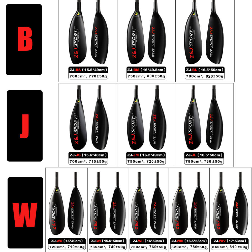Image displaying a grid of black carbon fiber fishing floats with red and white text, organized under letters B, J, and W. Each float shows varied models with specifications like length (15.5-49cm) and weight (around 700g±50g). Product: ZJ 4 Piece Carbon Fiber Kayak Surfski Paddle With Oval Shaft.