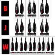 Image displaying a grid of black carbon fiber fishing floats with red and white text, organized under letters B, J, and W. Each float shows varied models with specifications like length (15.5-49cm) and weight (around 700g±50g). Product: ZJ 4 Piece Carbon Fiber Kayak Surfski Paddle With Oval Shaft.