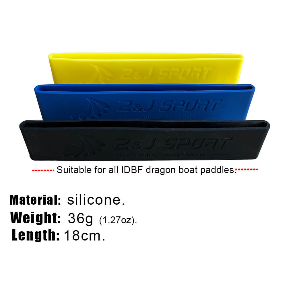 Three ZJ SPORT silicone blade tip protectors for IDBF dragon boat paddles in yellow, blue, and black are stacked vertically. Each is 18cm long, weighs 36g (1.27oz), and is perfectly designed to shield paddle blade tips during intense rowing sessions.