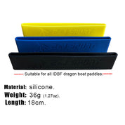 Three ZJ SPORT silicone blade tip protectors for IDBF dragon boat paddles in yellow, blue, and black are stacked vertically. Each is 18cm long, weighs 36g (1.27oz), and is perfectly designed to shield paddle blade tips during intense rowing sessions.