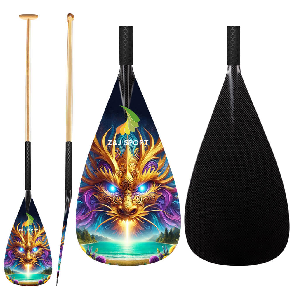 Hybrid carbon fiber outrigger canoe paddles with dragon design on Carbon blade, wood straight shaft and wood handle