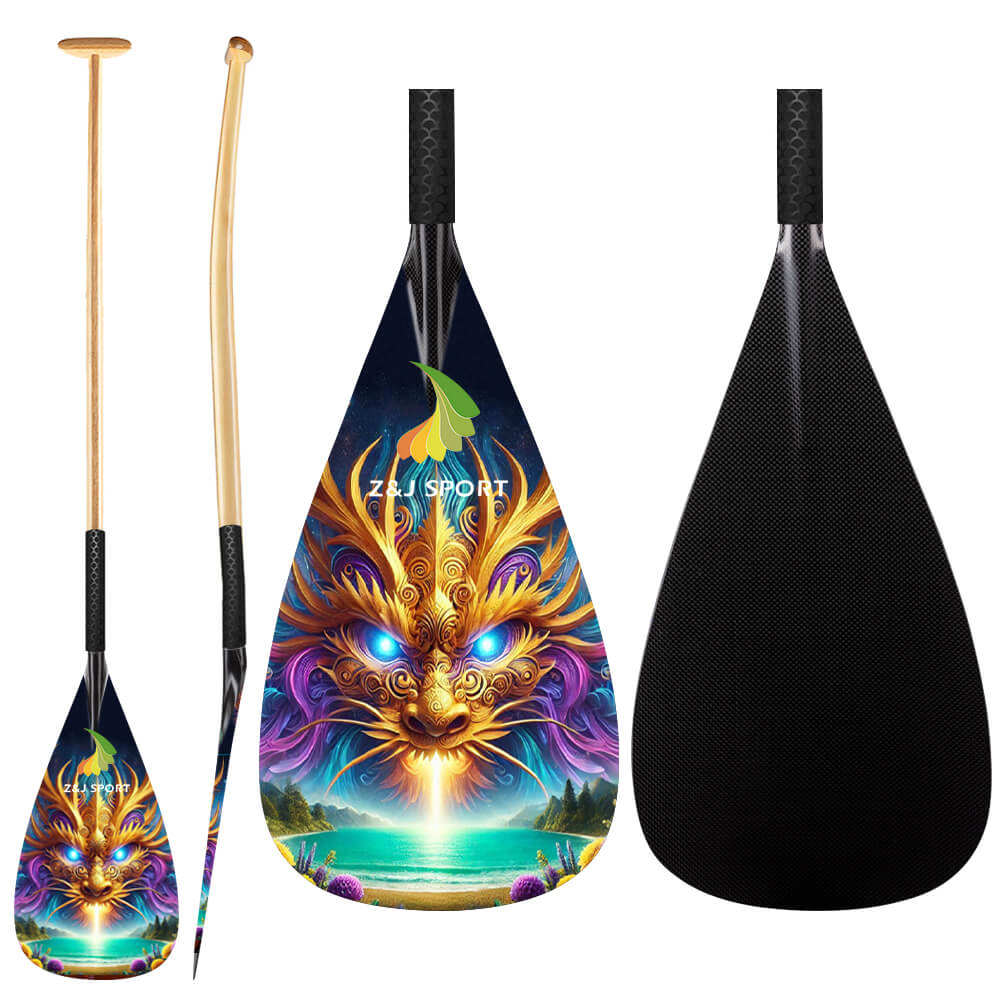 Hybrid carbon fiber outrigger canoe paddles with dragon design on Carbon blade, wood upper bent shaft and wood handle