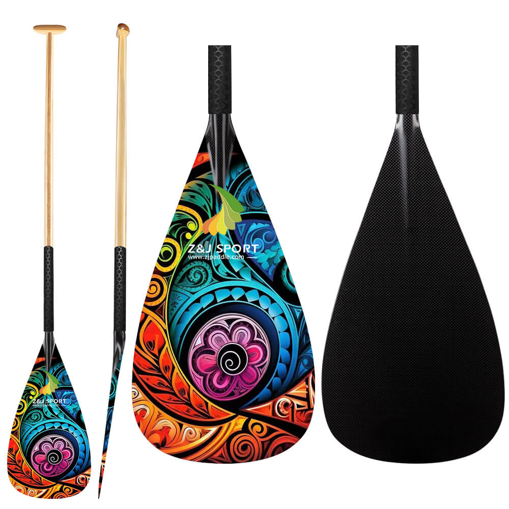 ZJ Hybrid VA'A Outrigger Canoe Paddle With Graphic on Carbon Blade With Anti Skid Grip
