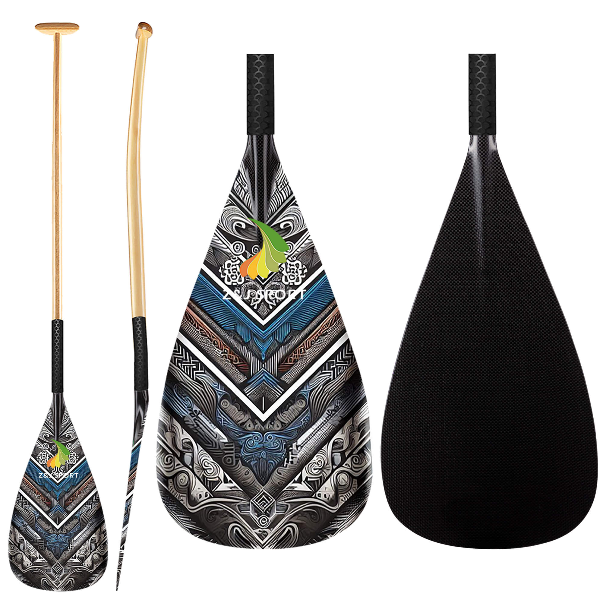 ZJ Hybrid VA'A Outrigger Canoe Paddle With Graphic on Carbon Blade With Anti Skid Grip