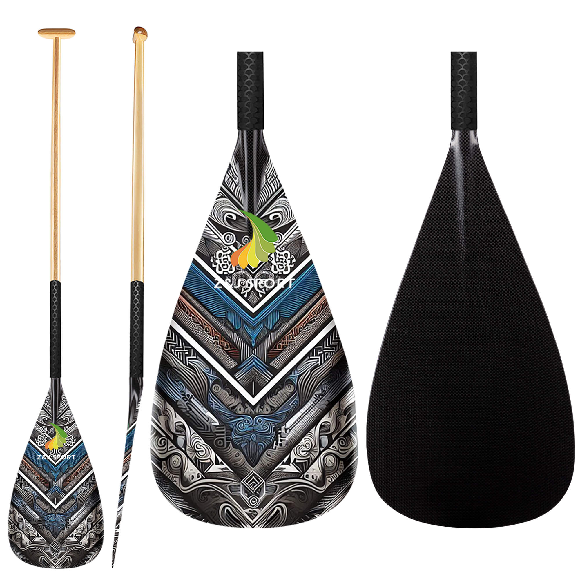 ZJ Hybrid VA'A Outrigger Canoe Paddle With Graphic on Carbon Blade With Anti Skid Grip