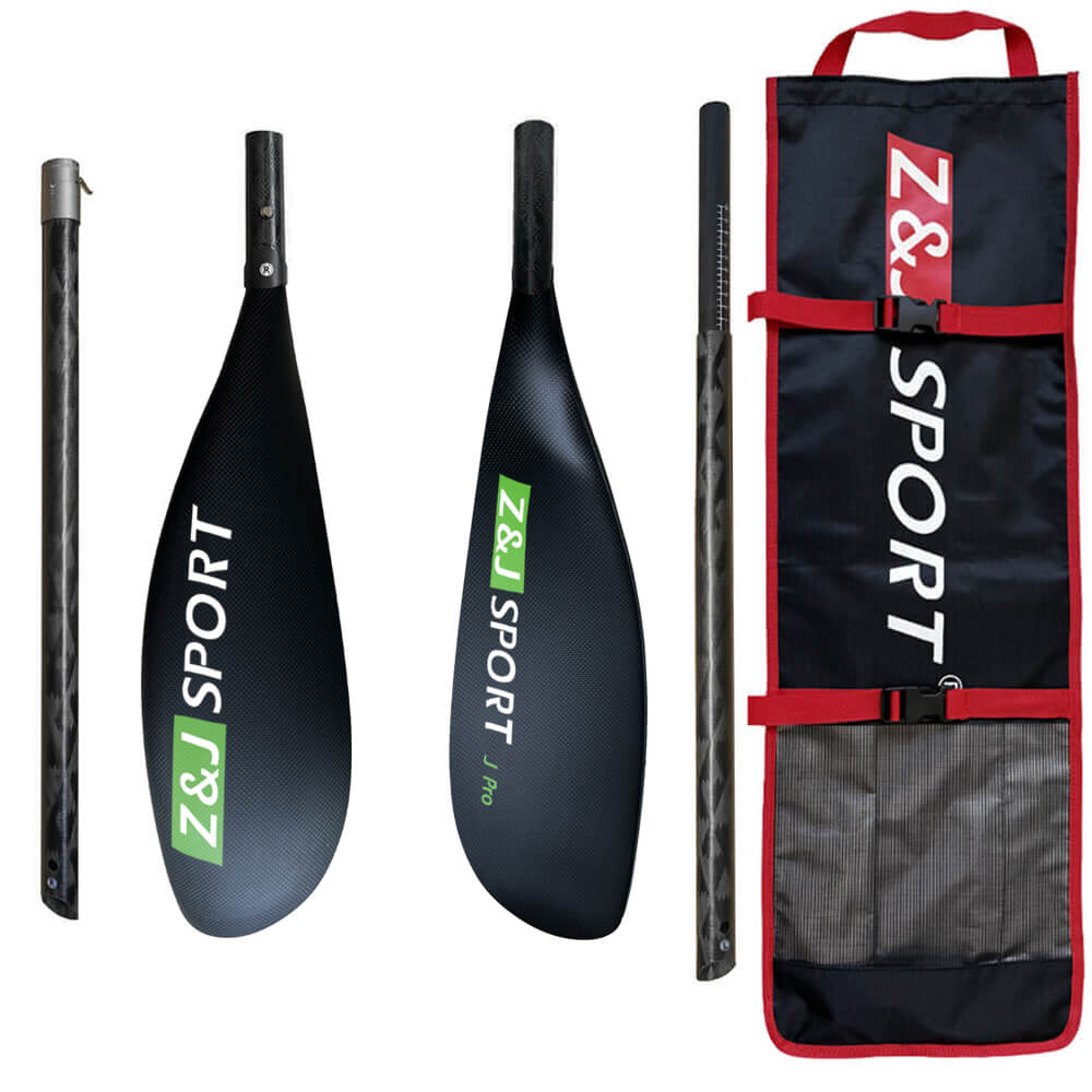 Showcased is the sleek ZJ 4-Piece Carbon Fiber Kayak & Surfski Paddle, featuring a black and silver design with striking green Z&J SPORT branding. It includes two wing blades and an oval shaft, beside a red and black carrying bag with the same logo.