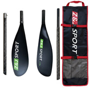 Showcased is the sleek ZJ 4-Piece Carbon Fiber Kayak & Surfski Paddle, featuring a black and silver design with striking green Z&J SPORT branding. It includes two wing blades and an oval shaft, beside a red and black carrying bag with the same logo.
