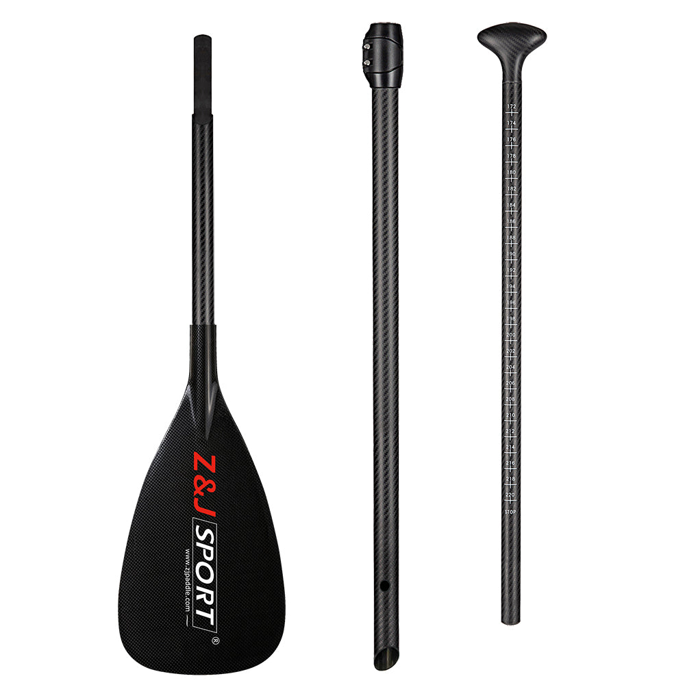 The ZJ 3-Piece Carbon Adjustable SUP Paddle All Water Q Model by ZJ SPORT includes a black carbon fiber paddle blade with reinforced edge and logo, an adjustable shaft with ruler guide, and a handle with a comfortable palm grip.