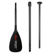 The ZJ 3-Piece Carbon Adjustable SUP Paddle All Water Q Model by ZJ SPORT includes a black carbon fiber paddle blade with reinforced edge and logo, an adjustable shaft with ruler guide, and a handle with a comfortable palm grip.