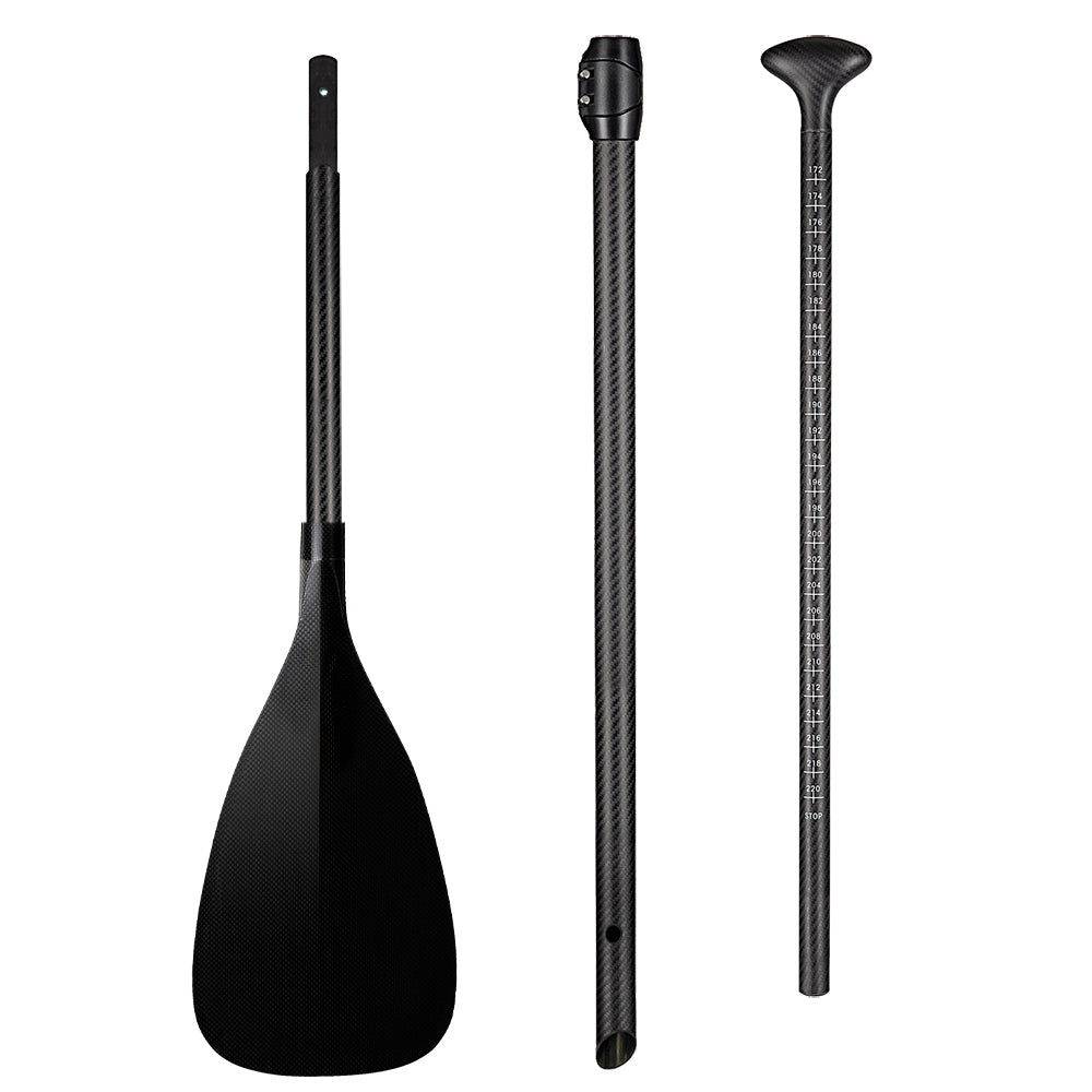 The ZJ 3-Piece Carbon Adjustable SUP Paddle All Water Q Model by ZJ SPORT features a wide, reinforced blade edge, an adjustable shaft with length measurements, and a handle grip.