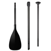 The ZJ 3-Piece Carbon Adjustable SUP Paddle All Water Q Model by ZJ SPORT features a wide, reinforced blade edge, an adjustable shaft with length measurements, and a handle grip.