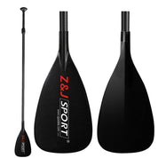 Image of the ZJ 3-Piece Carbon Adjustable SUP Paddle All Water Q Model, shown in three angles. The paddle features ZJ SPORT in red and white on the blade, showcasing a carbon fiber texture with a reinforced edge for lightweight durability.