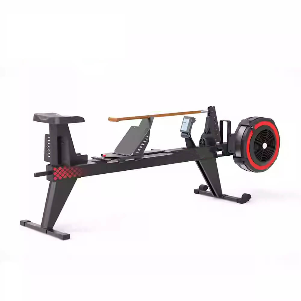 The Gym Fitness Equipment Heavy Duty Rowing Machine (PF-650) is a modern black dragon boat machine with red accents, featuring a digital display, adjustable seat, wooden handle rowing arm, and a flat base for stability.