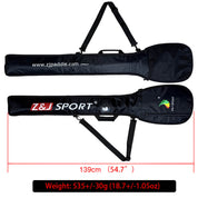 Two black ZJ SPORT paddle bags, with shoulder straps and green logos, are designed for kayak paddles. Displayed in front and back views, each measures 139 cm (54.7 inches) long, weighs 535g ± 30g (18.7 ± 1.05 oz), and features a waterproof protective layer.