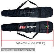 The ZJ New Single/Double Paddle Bag for Outrigger Canoe Paddles by ZJ SPORT includes two black bags, measuring 140cm x 31cm (55.1 x 12.2) and weighing 870g (30.7oz). The top bag features zjpaddle.com, a waterproof layer, and is ideal for kayak paddle protection.
