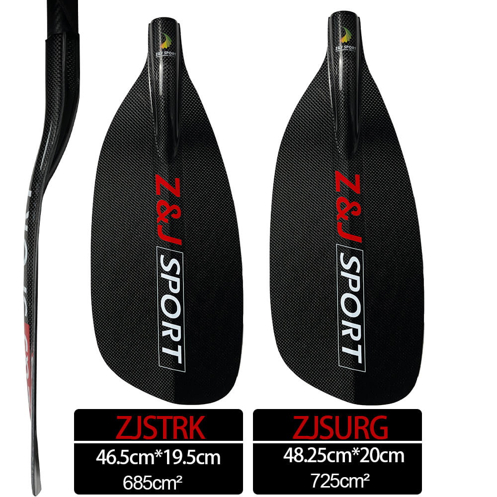 Two black carbon fiber paddles branded Z&J SPORT are ideal for river running. The left ZJSTRK paddle measures 46.5x19.5cm, covering 685cm², and the right ZJSURG paddle for whitewater is 48.25x20cm. Product: ZJ Carbon Whitewater Paddle With Forward Blade Straight Shaft by ZJ SPORT.