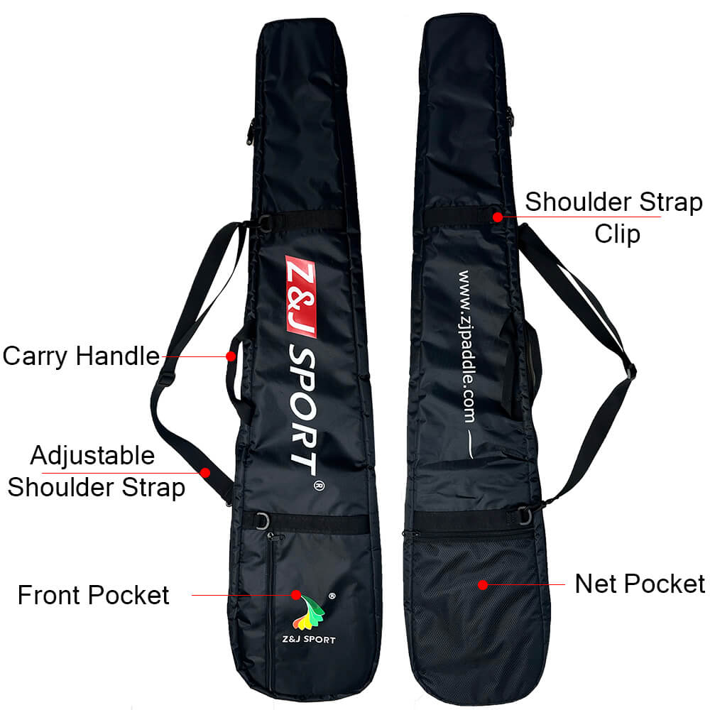 Two black ZJ SPORT paddle bags for outrigger canoe paddles are depicted, one shown front and another back. They feature shoulder straps, carry handles, and front/net pockets. Labels highlight a waterproof layer ideal for securing paddles in any weather.