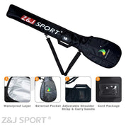 The ZJ New Single/Double Paddle Bag by ZJ SPORT is a sleek black case featuring a robust waterproof layer, an external pocket for extra storage, an adjustable shoulder strap, a handy carry handle, and a specialized card pocket—perfectly versatile like a tennis racket case.